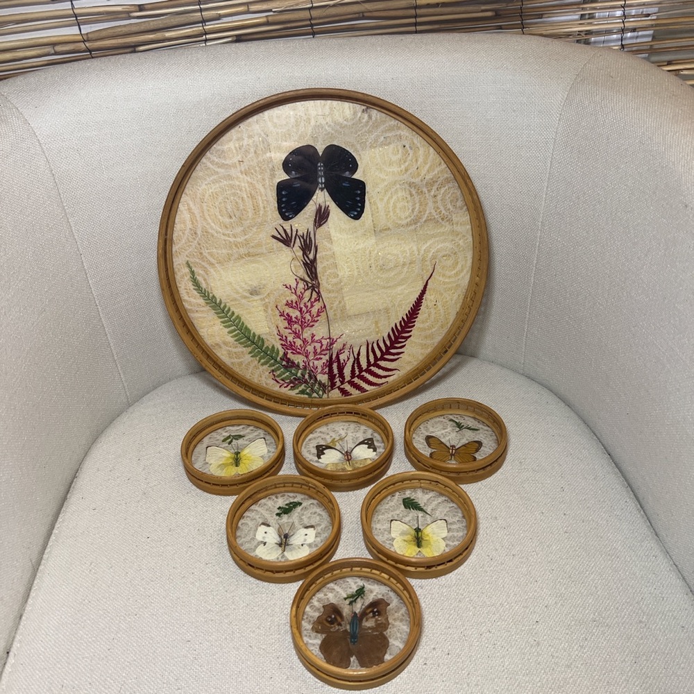 Pressed Butterfly Bamboo Coaster Set and Tray - Natural Brown